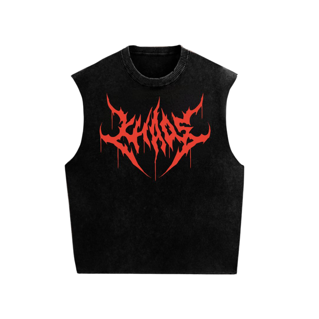 CHAOS Distressed Sleeveless Vest - Washed Black Grunge Tank Top