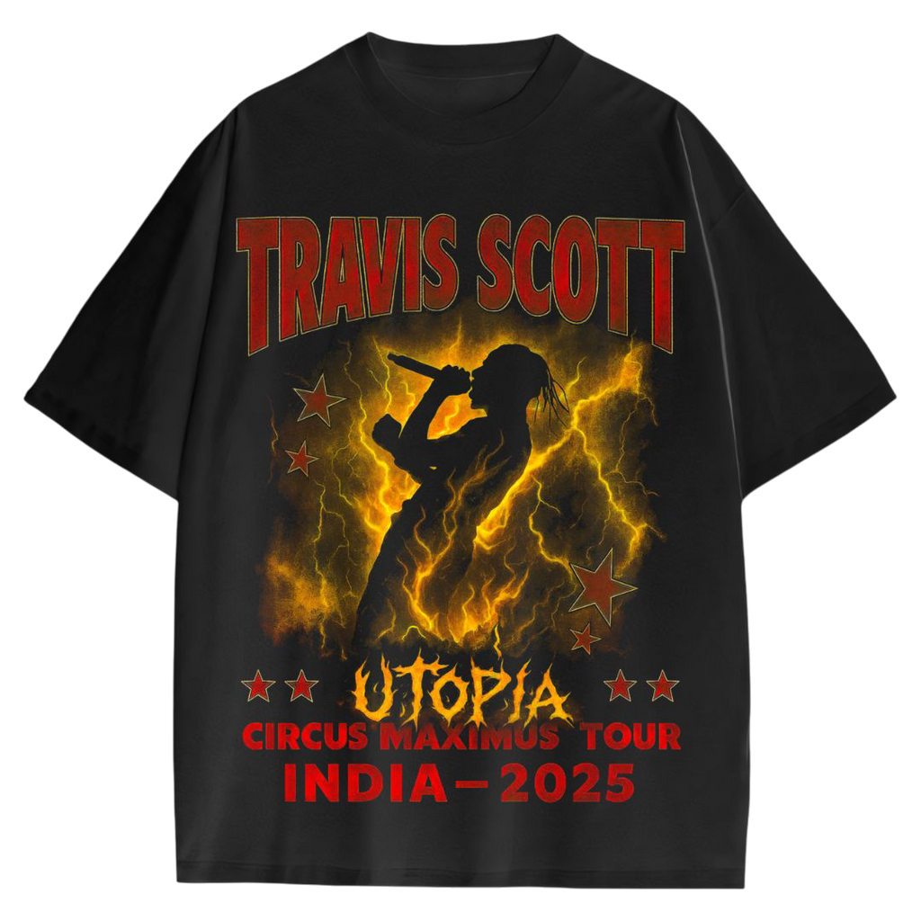 Travis Scott UTOPIA India Tour 2026 Oversized T-Shirt – Black Graphic Streetwear Tee