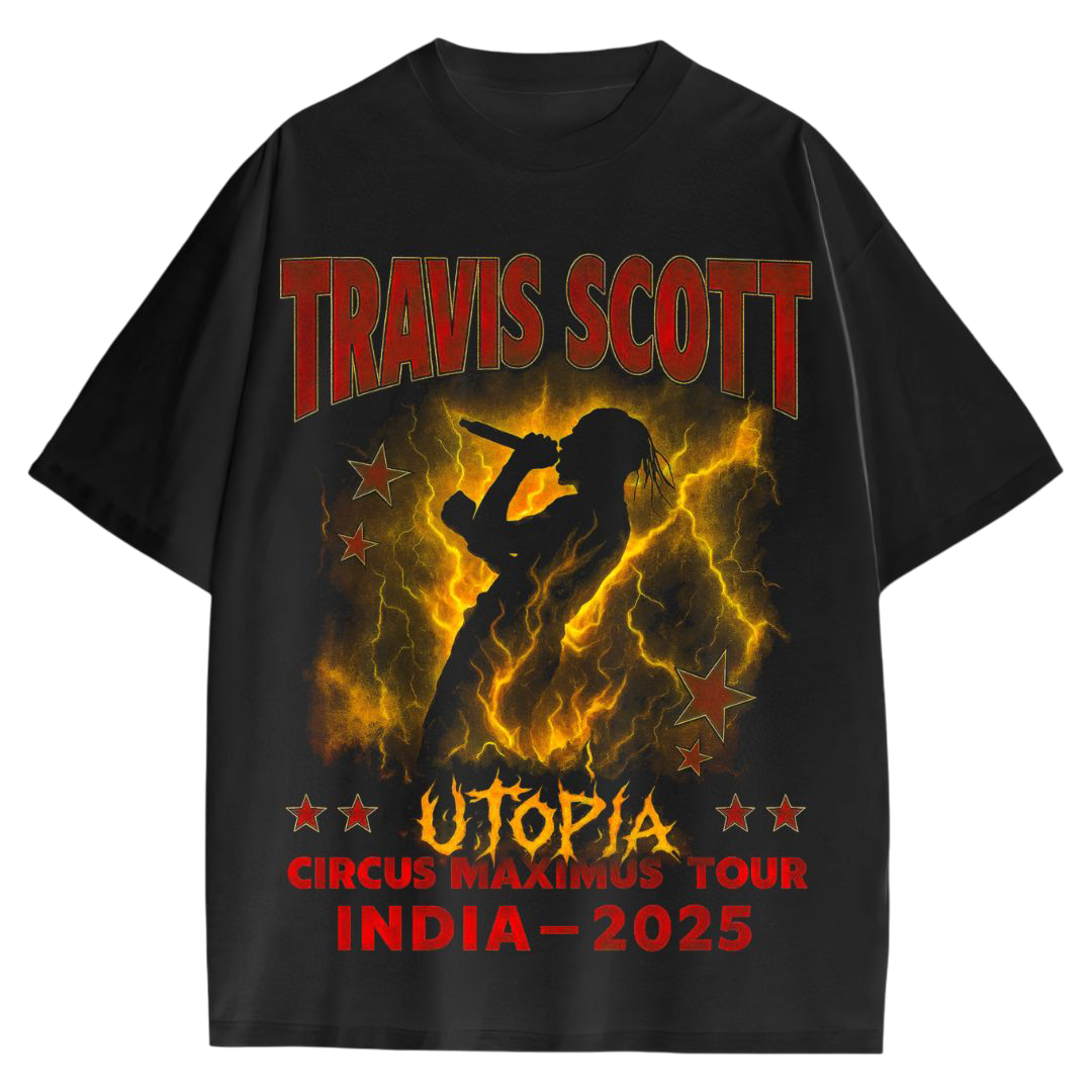 Travis Scott UTOPIA India Tour 2026 Oversized T-Shirt – Black Graphic Streetwear Tee