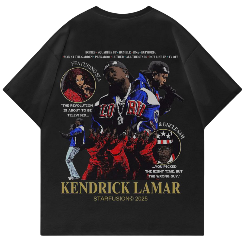 Black t-shirt with Kendrick Lamar graphic design on a white background