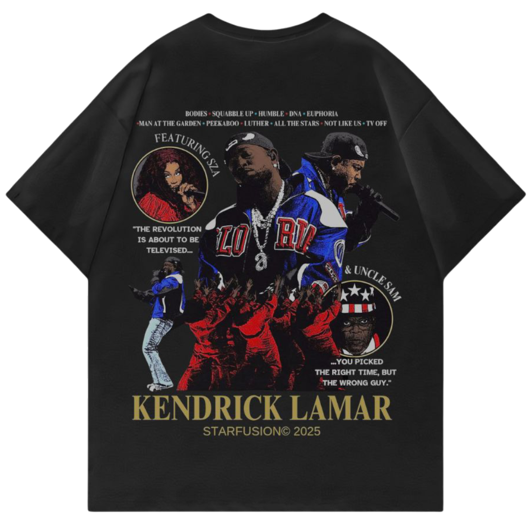 Black t-shirt with Kendrick Lamar graphic design on a white background