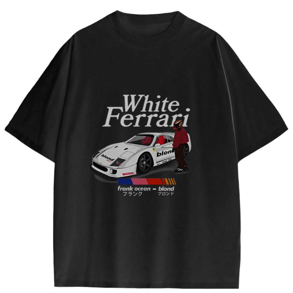 Black t-shirt with a graphic of a white Ferrari and text on a white background