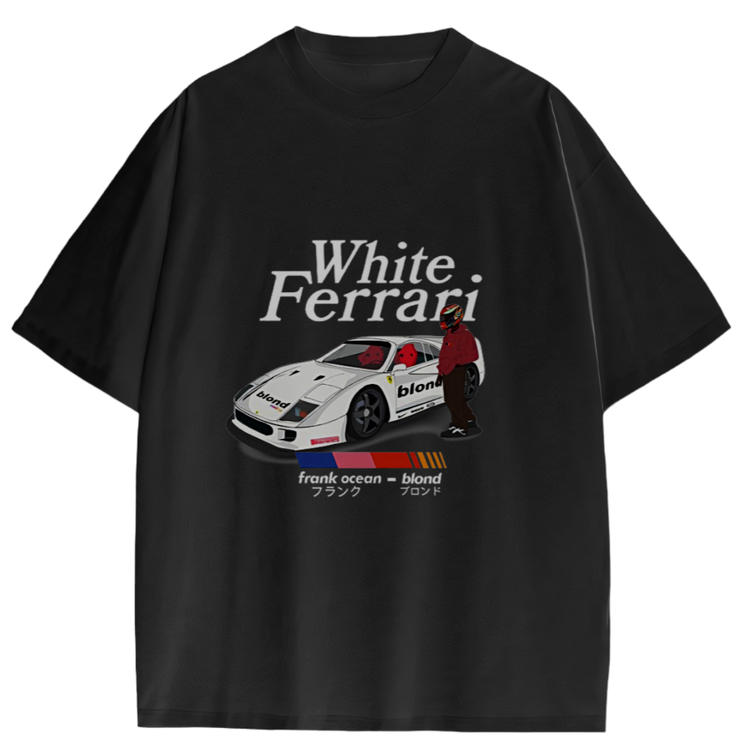 Black t-shirt with a graphic of a white Ferrari and text on a white background