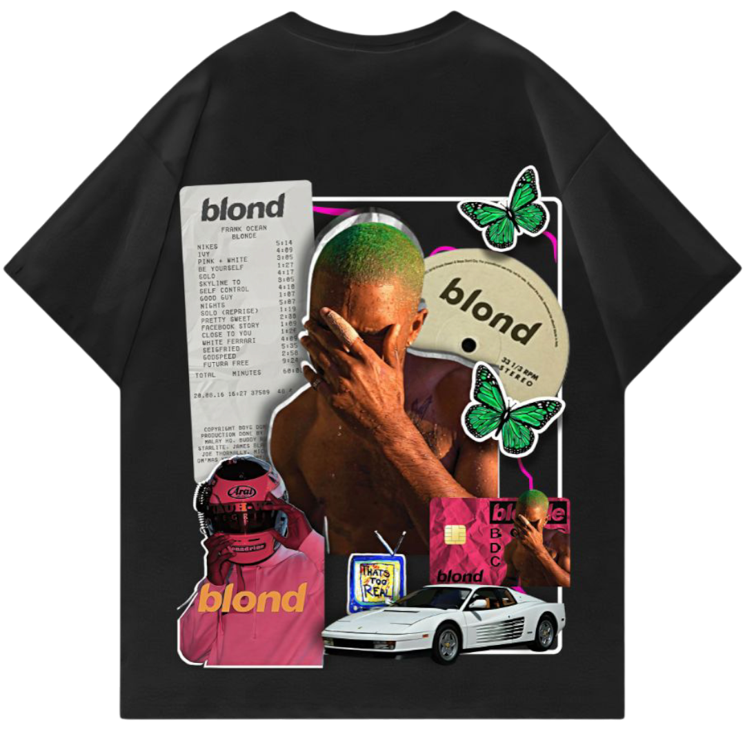 Black t-shirt with colorful graphic design featuring a person, car, and text on a white background
