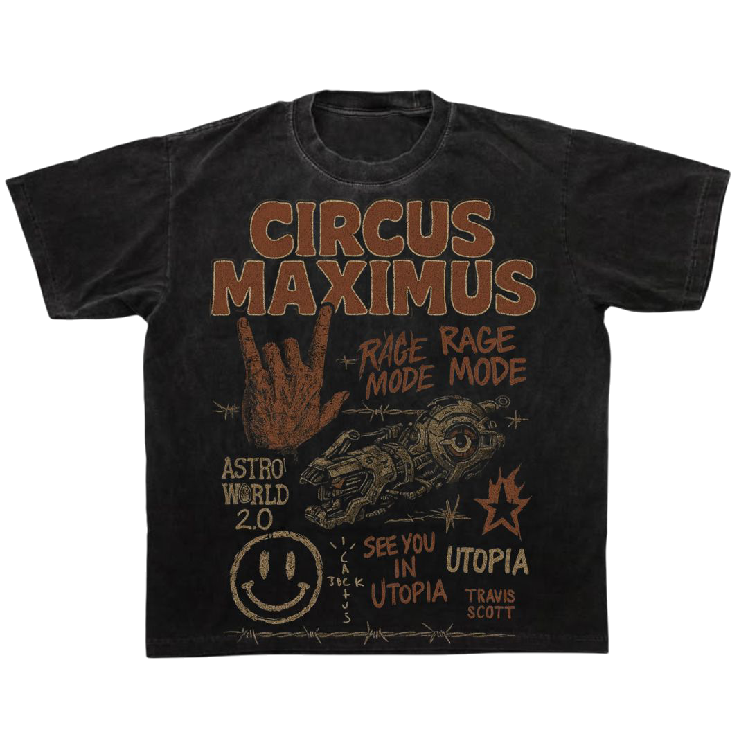Black oversized Travis Scott-inspired t-shirt featuring bold Circus Maximus tour artwork. The back design showcases Travis Scott performing live surrounded by abstract visuals, fire effects, and cinematic typography that reads “Circus Maximus.” The shirt includes Starfusion branding and design elements that capture Travis’s chaotic, futuristic aesthetic in a grunge streetwear style.
