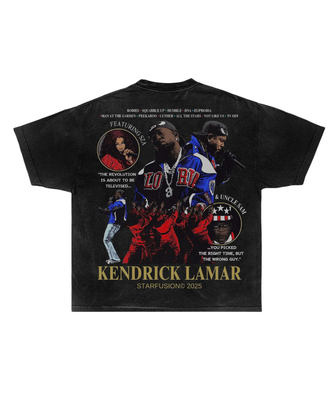 Black oversized graphic t-shirt featuring Kendrick Lamar-inspired design. The back print shows Kendrick Lamar performing on stage in bold colors, with additional circular portraits, quotes like “The revolution is about to be televised” and “You picked the right time, but the wrong guy.” The shirt includes “KENDRICK LAMAR STARFUSION 2025” text at the bottom, with track references listed at the top. The aesthetic is bold, musical, and streetwear-inspired.