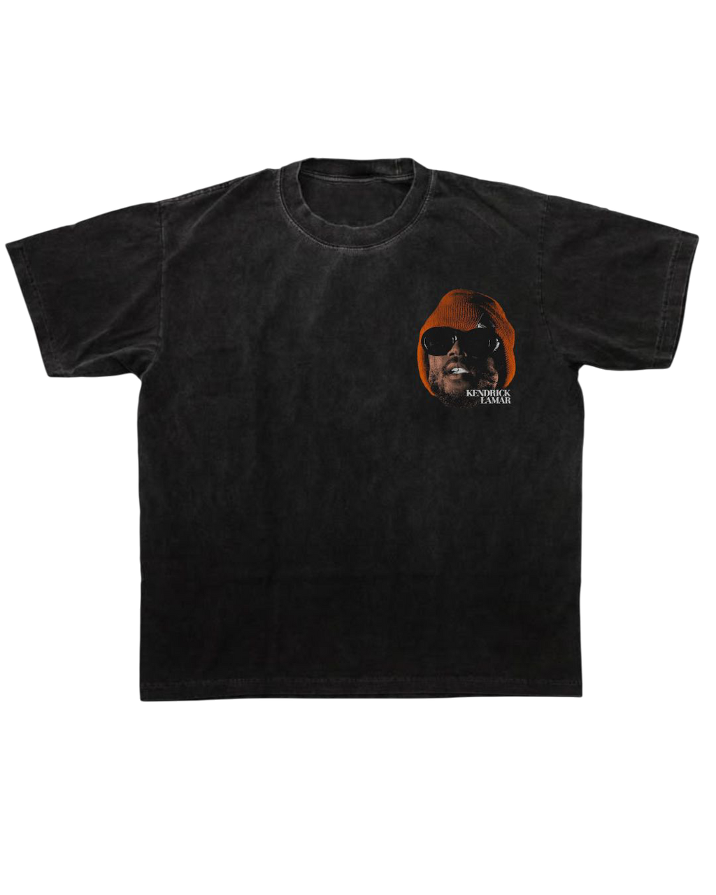 Black oversized graphic t-shirt featuring Kendrick Lamar-inspired design. The back print shows Kendrick Lamar performing on stage in bold colors, with additional circular portraits, quotes like “The revolution is about to be televised” and “You picked the right time, but the wrong guy.” The shirt includes “KENDRICK LAMAR STARFUSION 2025” text at the bottom, with track references listed at the top. The aesthetic is bold, musical, and streetwear-inspired.
