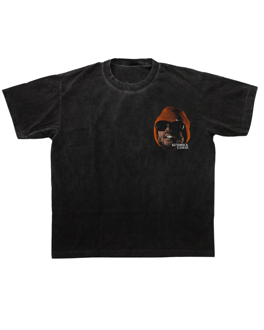 Black oversized graphic t-shirt featuring Kendrick Lamar-inspired design. The back print shows Kendrick Lamar performing on stage in bold colors, with additional circular portraits, quotes like “The revolution is about to be televised” and “You picked the right time, but the wrong guy.” The shirt includes “KENDRICK LAMAR STARFUSION 2025” text at the bottom, with track references listed at the top. The aesthetic is bold, musical, and streetwear-inspired.