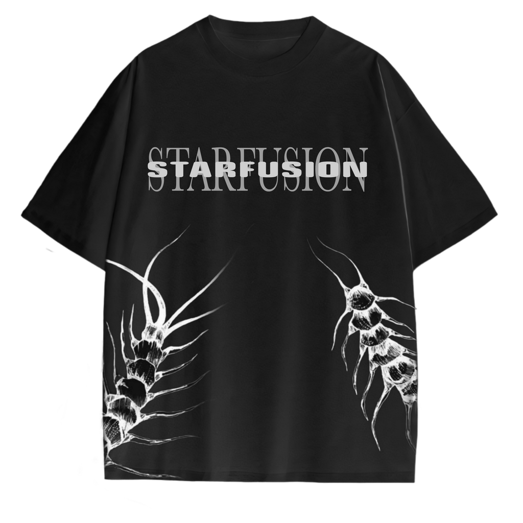 Black t-shirt with 'STARFUSION' logo and white graphics on a white background