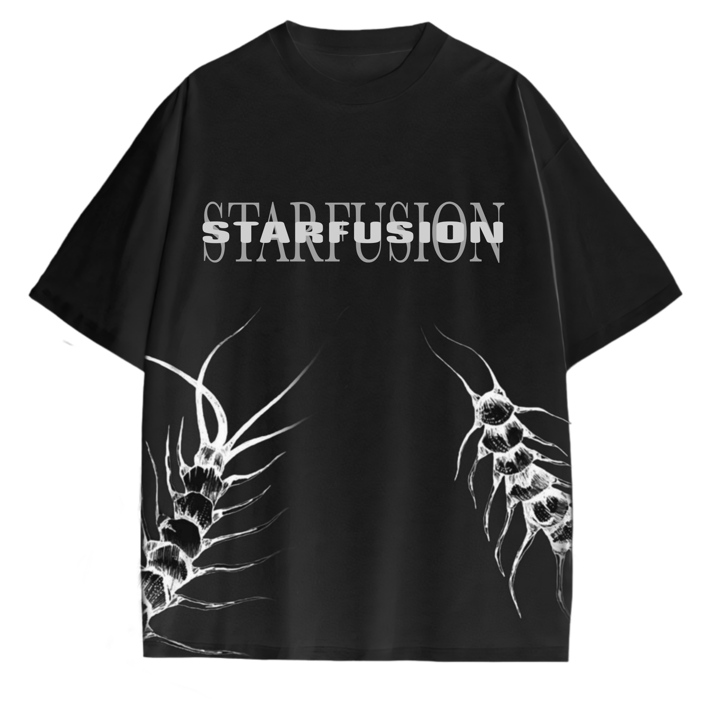 Black t-shirt with 'STARFUSION' logo and white graphics on a white background
