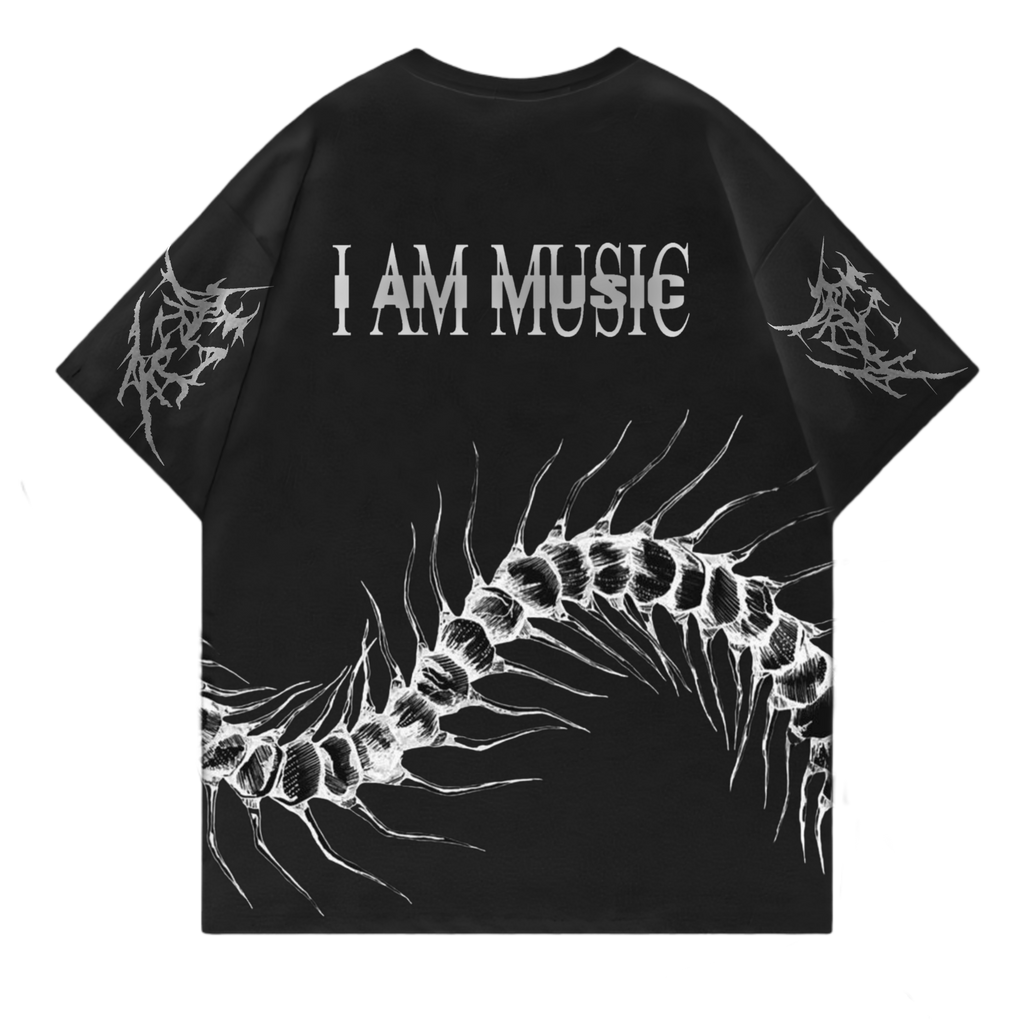 Black t-shirt with white text 'I AM MUSIC' and spine design on a white background