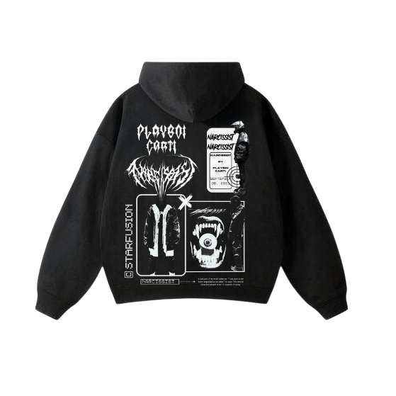 Back of a washed black oversized hoodie with intricate white graphic prints inspired by Playboi Carti's Narcissist. The design features gothic typography, abstract figures, and a streetwear aesthetic.