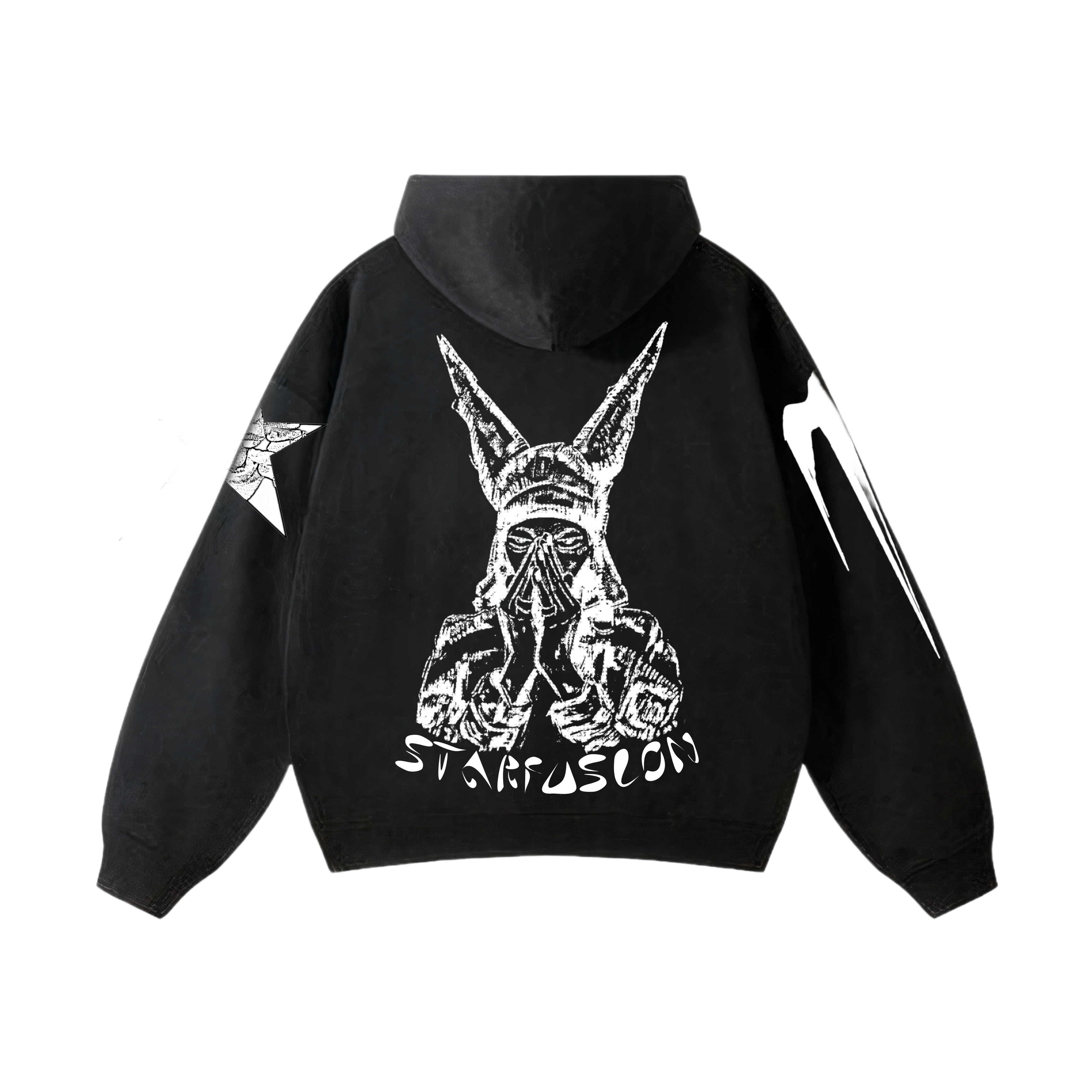 Back of an oversized washed black hoodie featuring a large white graphic of a masked figure with long pointed ears and 'STARFUSION' text. A star logo and slash mark graphics are printed on the sleeves.