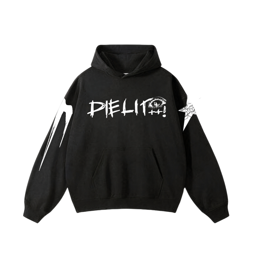 A vintage black streetwear hoodie with a raw, sketchy graphic of a demonic jester figure on the back and distinct white prints on both arms, showcasing a dark, avant-garde style.