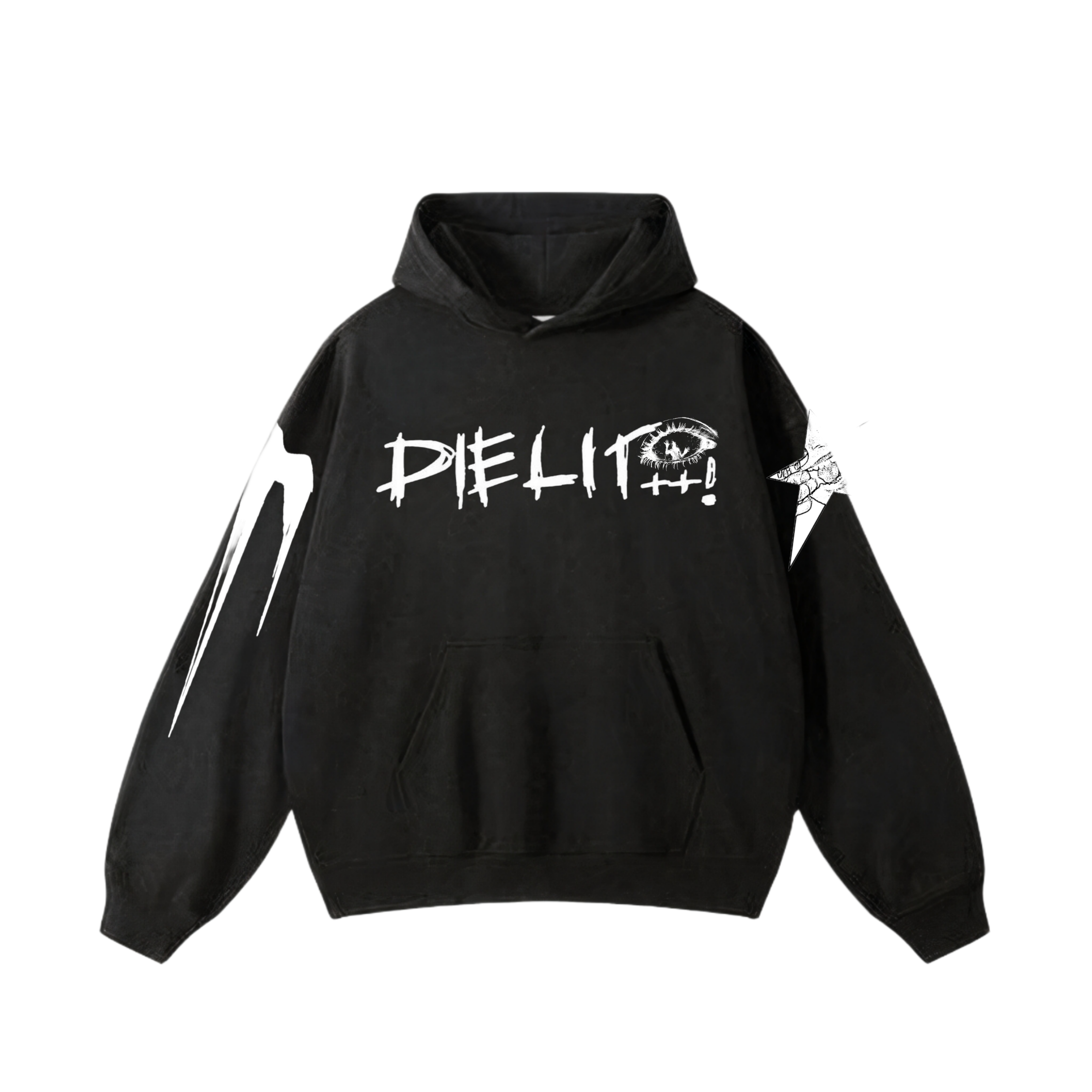 A vintage black streetwear hoodie with a raw, sketchy graphic of a demonic jester figure on the back and distinct white prints on both arms, showcasing a dark, avant-garde style.