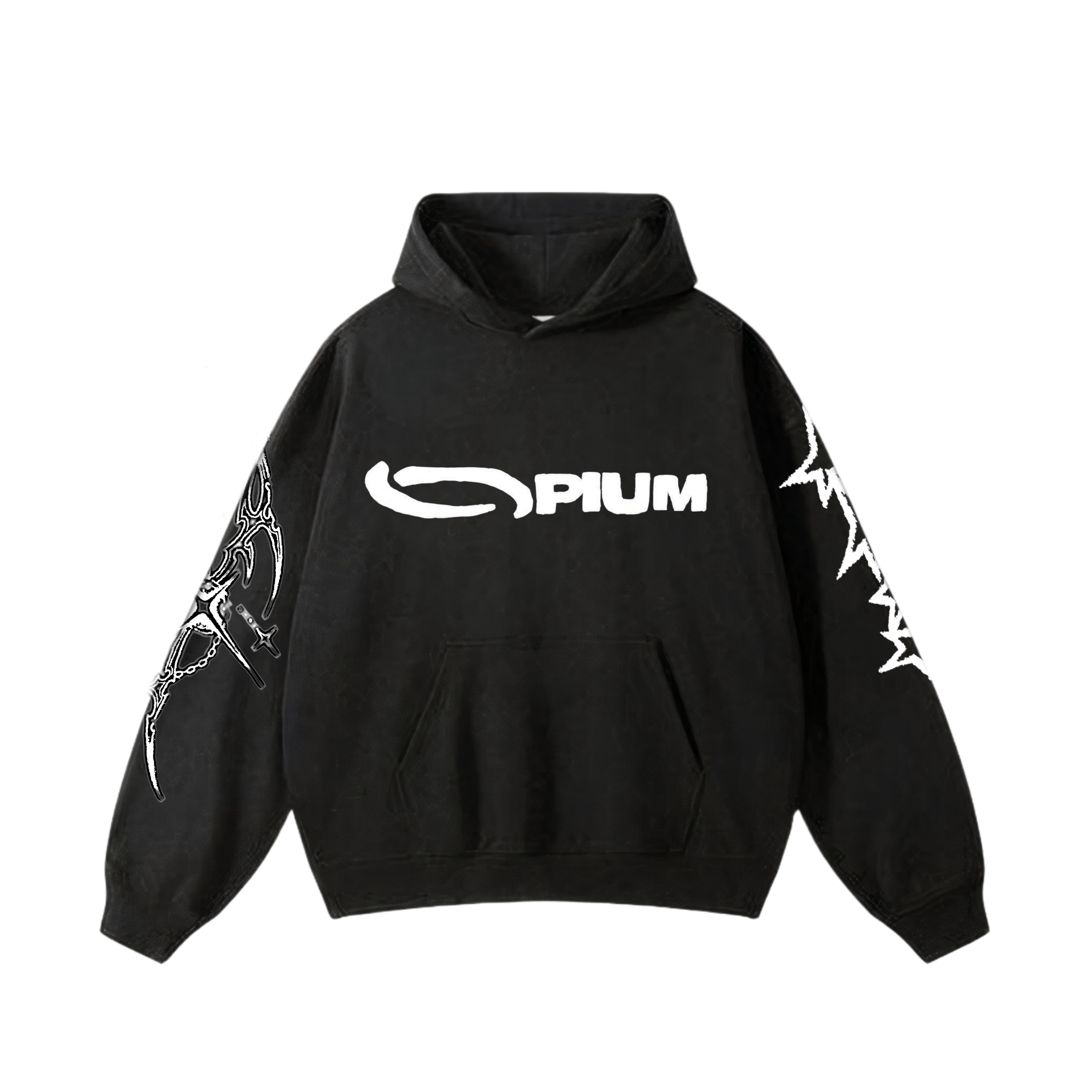 Front view of an oversized washed black hoodie featuring the word 'OPIUM' in a stylized white font on the chest and gothic tribal graphics printed down both sleeves.