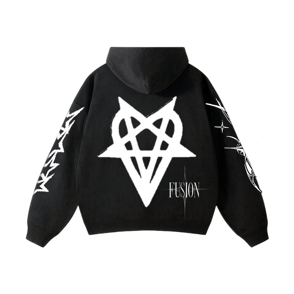 A faded charcoal streetwear hoodie with a futuristic 'OPIUM' logo on the front and white, thorn-like graphic designs along the arms, shown against a transparent background.