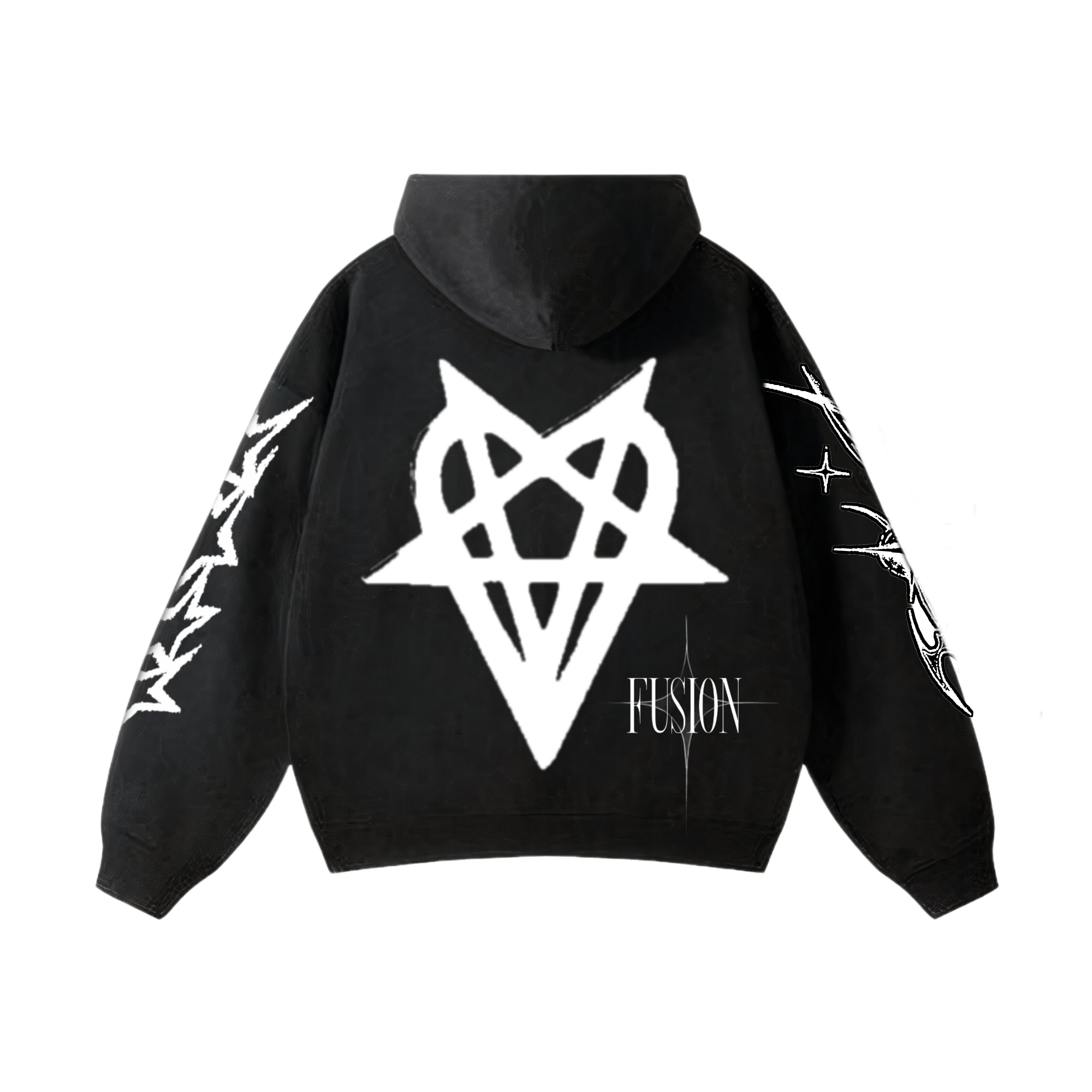 A faded charcoal streetwear hoodie with a futuristic 'OPIUM' logo on the front and white, thorn-like graphic designs along the arms, shown against a transparent background.